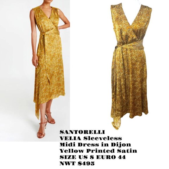 Santorelli VELIA Sleeveless Midi Dress in Dijon Yellow Printed Satin‎ SIZE 8 NWT - Picture 1 of 6